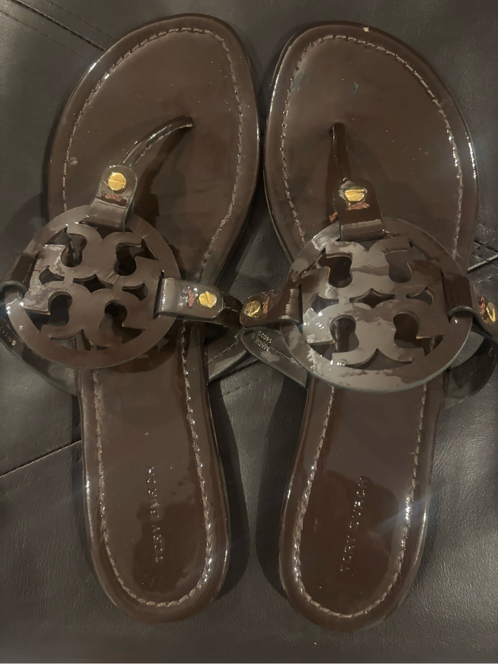 Tory Burch Dark Brown Patent Logo Thong Sandals
